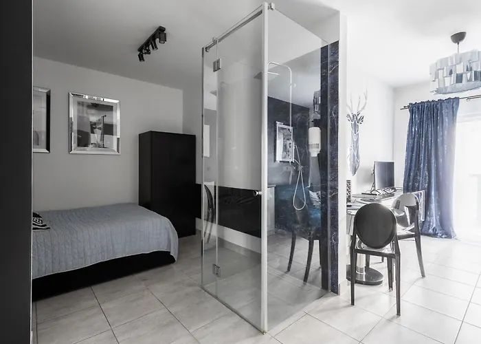 Nowoczesny apartament GLAMOUR Łódź z prysznicem pośrodku